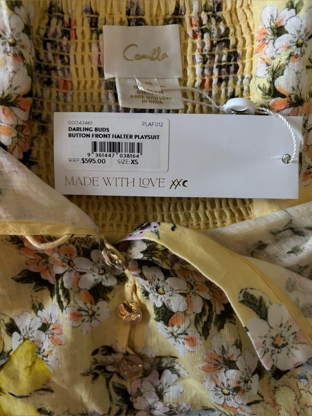 Camilla Designer Darling Buds Halter Romper Yellow and Floral 100% Linen Size XS - Picture 8 of 10